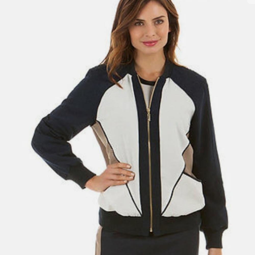 Adrienne Vittadini Navy/White/ Tan Color Block CrepeJacket Sz S